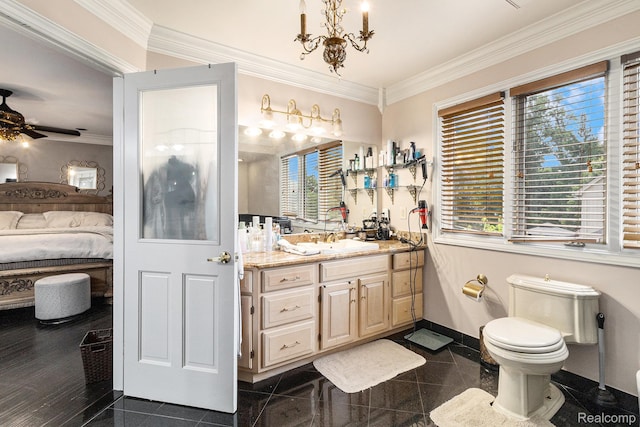 50530 Hunters Creek Trl, Shelby Twp, MI 48317 - ensuite bathroom featuring granite tiled floors, ornamental molding, vanity, and plenty of natural light
