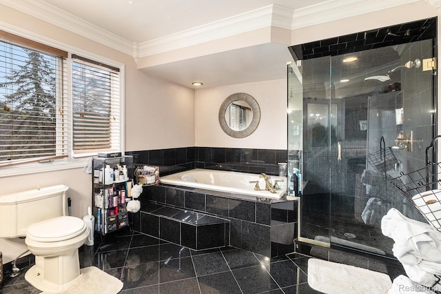 50530 Hunters Creek Trl, Shelby Twp, MI 48317 - bathroom with a bath, ornamental molding, a stall shower, and granite tiled floors