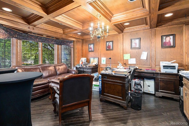 50530 Hunters Creek Trl, Shelby Twp, MI 48317 - home office with a wooden ceiling with exposed beams, coffered ceiling, crown molding, a chandelier, and recessed lighting