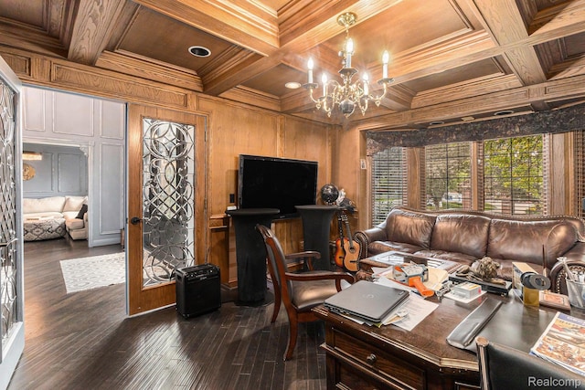 50530 Hunters Creek Trl, Shelby Twp, MI 48317 - home office with a wooden ceiling with exposed beams, coffered ceiling, a chandelier, ornamental molding, and dark wood-style flooring