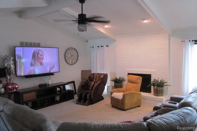 43870 Boulder Dr, Clinton Township, MI 48038 - living area featuring ceiling fan, a brick fireplace, and carpet