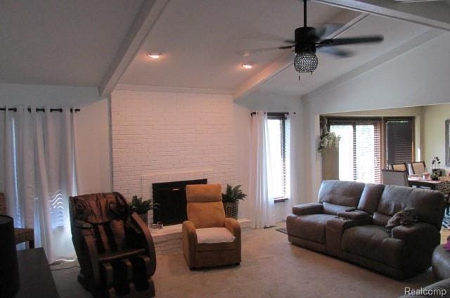 43870 Boulder Dr, Clinton Township, MI 48038 - living area featuring ceiling fan, a fireplace, beamed ceiling, and carpet