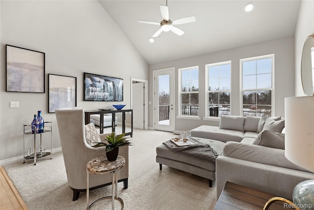 2270 Chase Dr Unit 112, Howell, MI 48855 - living area featuring ceiling fan, high vaulted ceiling, light wood-type flooring, and recessed lighting