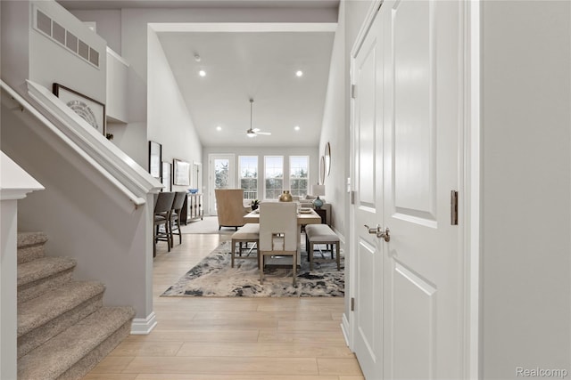 2270 Chase Dr Unit 112, Howell, MI 48855 - dining room featuring stairway, ceiling fan, light wood finished floors, and recessed lighting
