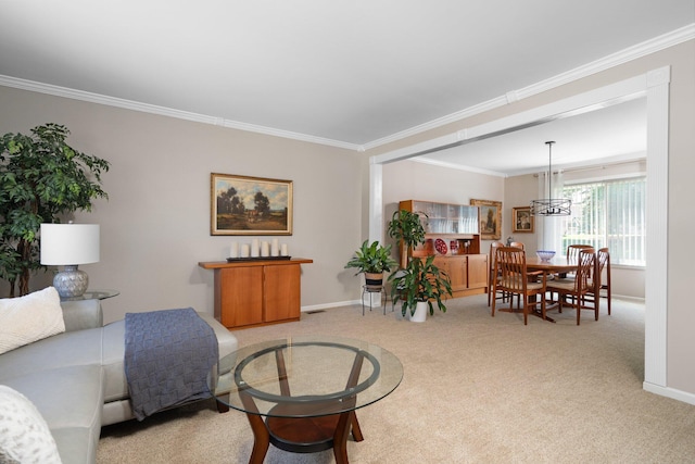 7662 Hidden Ponds Blvd, Brighton, MI 48114 - living area with light colored carpet, ornamental molding, and a chandelier