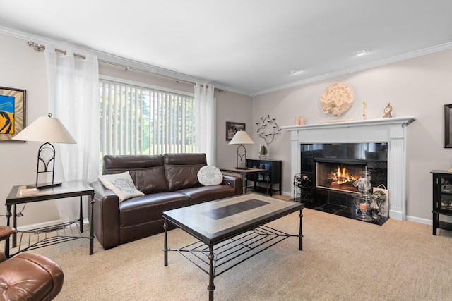 7662 Hidden Ponds Blvd, Brighton, MI 48114 - carpeted living area with ornamental molding and a tiled fireplace