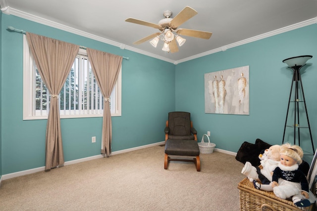 7662 Hidden Ponds Blvd, Brighton, MI 48114 - sitting room with crown molding, carpet, and a ceiling fan