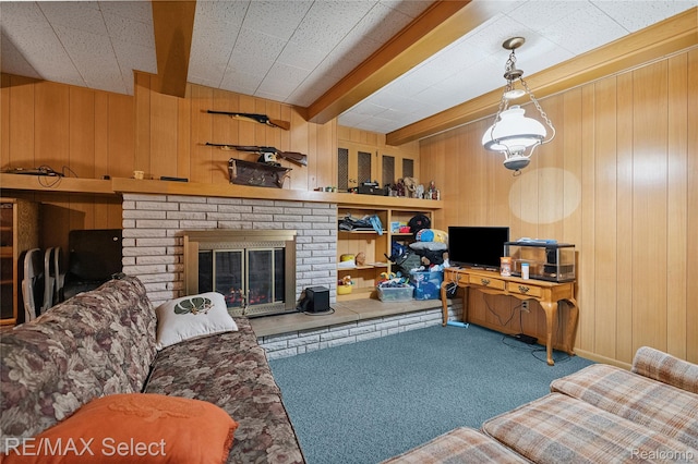 6088 Sierra Pass, Flint, MI 48532 - carpeted living area with wooden walls and a brick fireplace