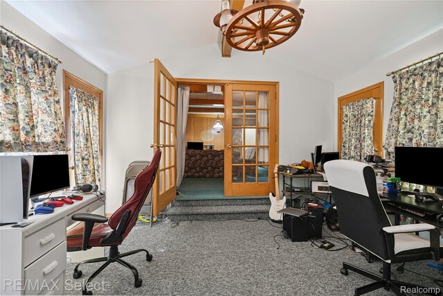 6088 Sierra Pass, Flint, MI 48532 - office area with lofted ceiling, french doors, and carpet floors