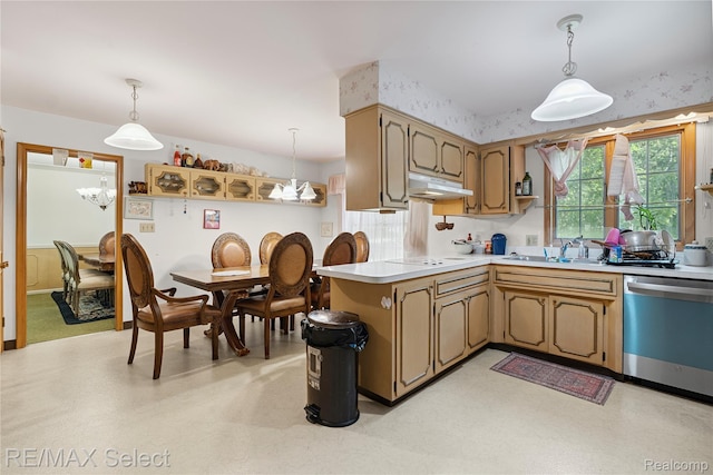 6088 Sierra Pass, Flint, MI 48532 - kitchen with dishwasher, under cabinet range hood, light countertops, pendant lighting, and a chandelier