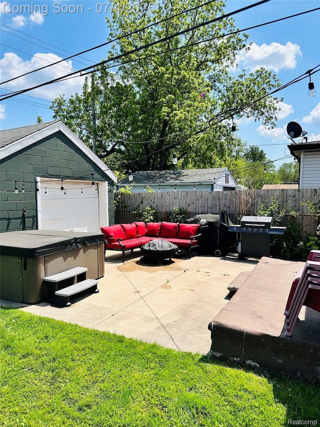 23360 Battelle Ave, Hazel Park, MI 48030 - fenced backyard featuring a hot tub, a patio area, and an outdoor hangout area