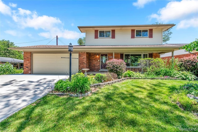 607 Ashburnham St, Auburn Hills, MI 48326 - traditional home featuring a garage, driveway, brick siding, a front yard, and covered porch