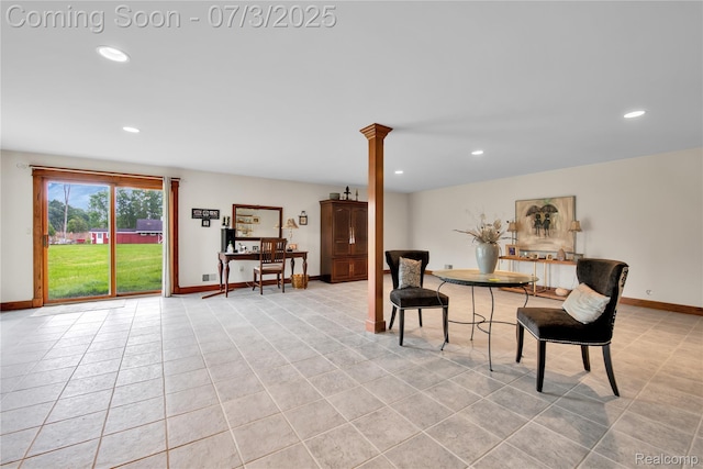 9000 Ferry Rd, Grosse Ile, MI 48138 - dining area featuring recessed lighting, decorative columns, and light tile patterned flooring