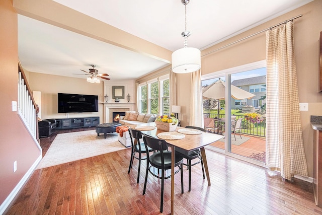 440 Shiloh Dr, Chelsea, MI 48118 - dining room with hardwood / wood-style floors, a ceiling fan, and a lit fireplace