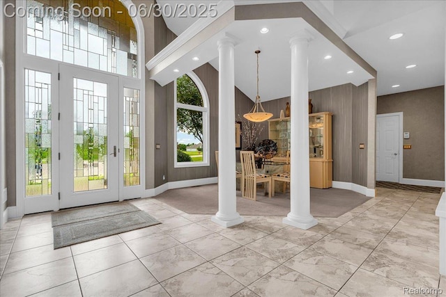550 Kings Fairway Ct, Grand Blanc, MI 48439 - foyer with decorative columns, recessed lighting, a high ceiling, and light marble finish floors