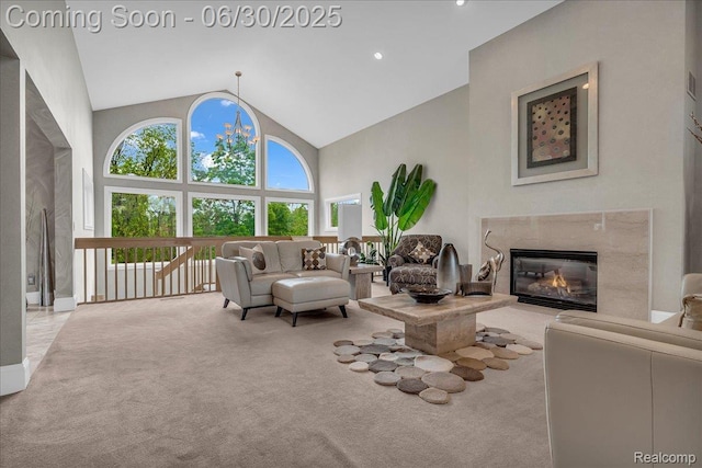 550 Kings Fairway Ct, Grand Blanc, MI 48439 - carpeted living room with a high end fireplace and high vaulted ceiling