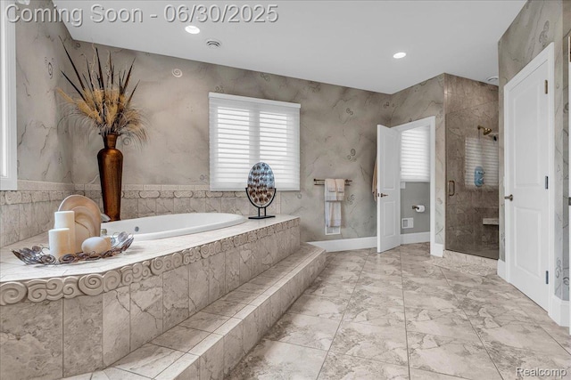 550 Kings Fairway Ct, Grand Blanc, MI 48439 - bathroom featuring a garden tub, a stall shower, marble finish flooring, and recessed lighting