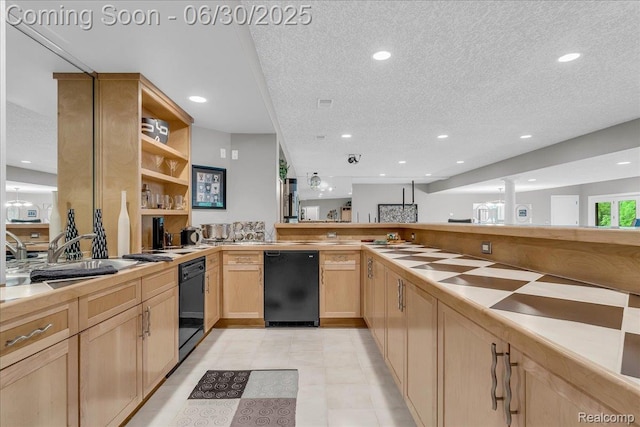 550 Kings Fairway Ct, Grand Blanc, MI 48439 - kitchen featuring light brown cabinetry, dishwasher, recessed lighting, open shelves, and a textured ceiling
