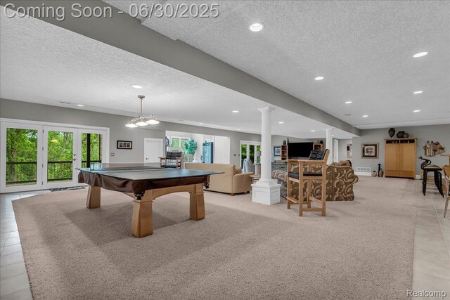 550 Kings Fairway Ct, Grand Blanc, MI 48439 - recreation room with a textured ceiling, billiards, ornate columns, recessed lighting, and french doors