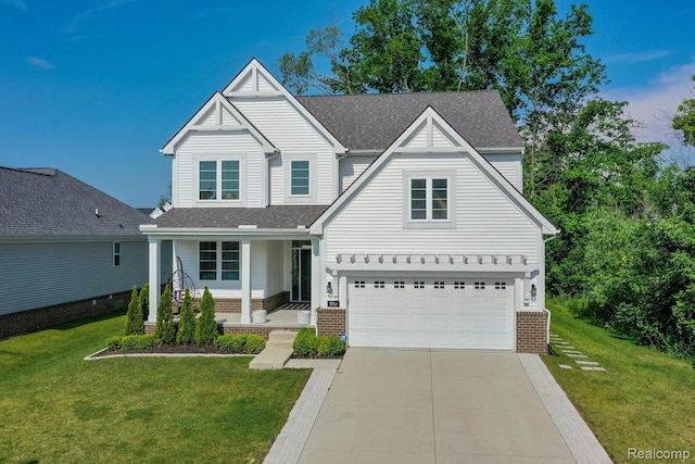 1957 Emerald Ln, Wixom, MI 48393 - traditional-style house featuring covered porch, driveway, a front yard, a garage, and a shingled roof