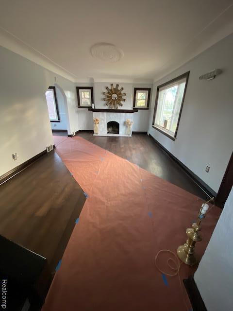 14402 Southfield Rd, Detroit, MI 48223 - unfurnished living room featuring a fireplace, wood finished floors, and arched walkways