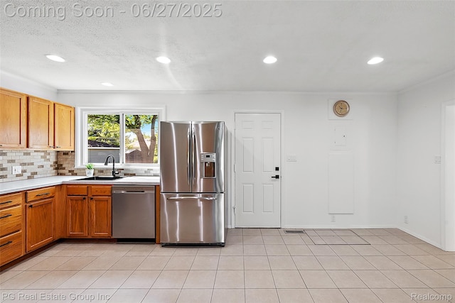 4550 Justine St, Shelby Twp, MI 48317 - kitchen featuring stainless steel appliances, light countertops, decorative backsplash, recessed lighting, and brown cabinetry