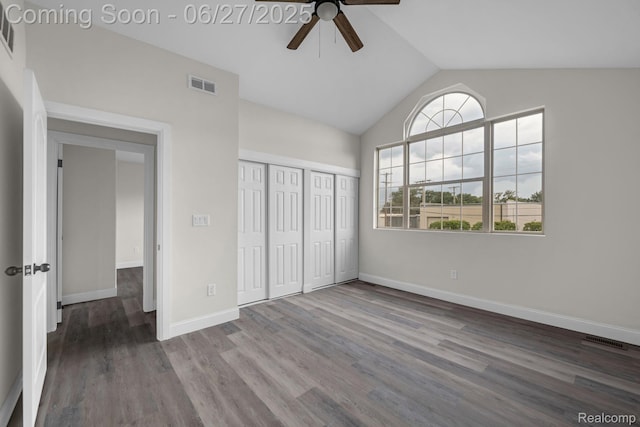 1730 E Woodruff Ave, Hazel Park, MI 48030 - unfurnished bedroom with lofted ceiling, wood finished floors, and a ceiling fan