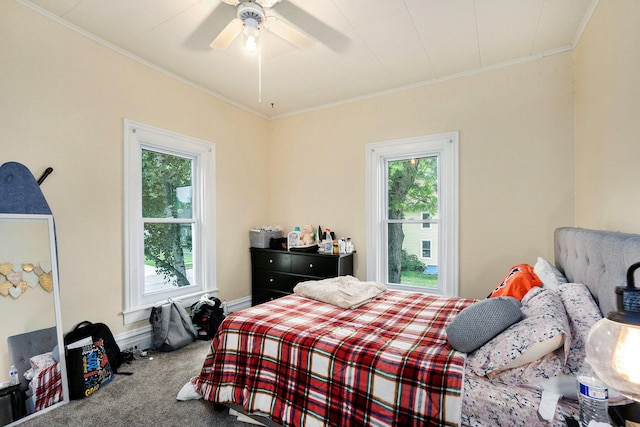 317 E Chart St, Plainwell, MI 49080 - carpeted bedroom with crown molding, multiple windows, and a ceiling fan