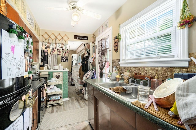 317 E Chart St, Plainwell, MI 49080 - kitchen with light wood-type flooring, ceiling fan, and black fridge