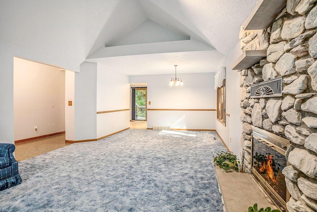 1769 Maple Ln, Benton Harbor, MI 49022 - unfurnished living room featuring a fireplace, carpet flooring, a chandelier, and a textured ceiling