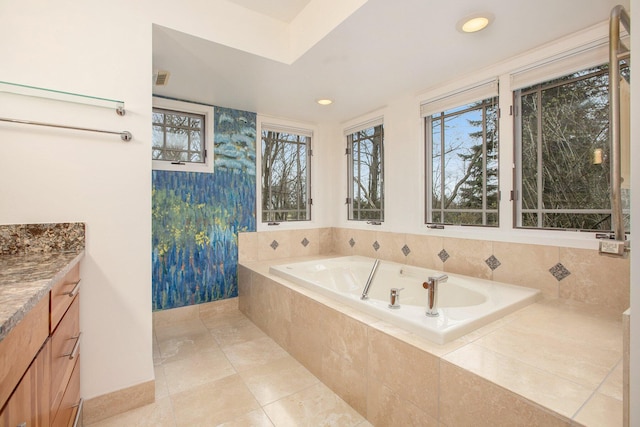8023 Trail Rdg, Dexter, MI 48130 - full bathroom with a garden tub, vanity, recessed lighting, and tile patterned floors