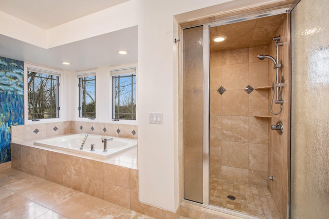 8023 Trail Rdg, Dexter, MI 48130 - bathroom with a stall shower, a garden tub, recessed lighting, healthy amount of natural light, and tile patterned floors