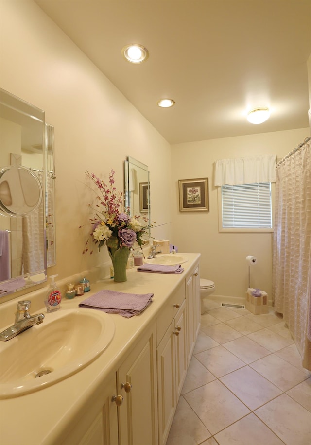 8141 N Elms Rd, Flushing, MI 48433 - bathroom featuring double vanity, a shower with curtain, tile patterned flooring, and recessed lighting