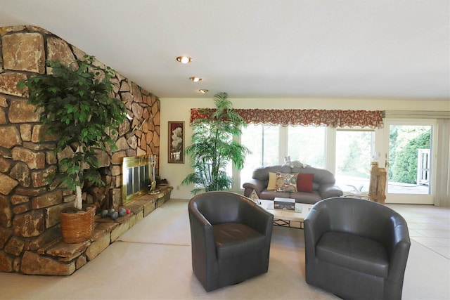 8141 N Elms Rd, Flushing, MI 48433 - carpeted living area featuring a fireplace