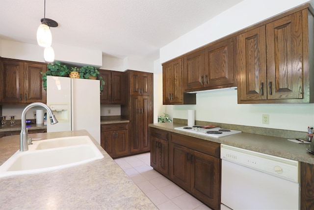8141 N Elms Rd, Flushing, MI 48433 - kitchen with white appliances, decorative light fixtures, light tile patterned floors, and a textured ceiling