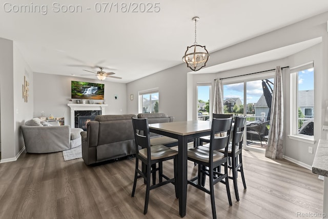4074 Peach Tree Ln, Howell, MI 48843 - dining area with wood finished floors, a high end fireplace, ceiling fan, and a chandelier