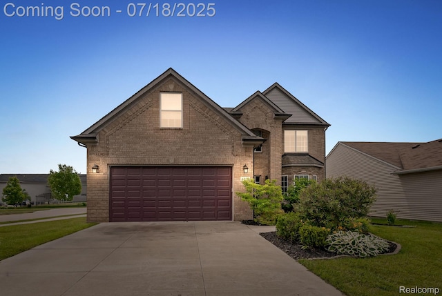 4074 Peach Tree Ln, Howell, MI 48843 - traditional-style home with brick siding, driveway, a front yard, and an attached garage