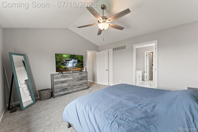 4074 Peach Tree Ln, Howell, MI 48843 - bedroom with light colored carpet, lofted ceiling, and a ceiling fan