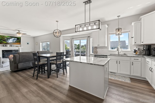 4074 Peach Tree Ln, Howell, MI 48843 - kitchen featuring a ceiling fan, dark wood-type flooring, white cabinetry, and healthy amount of natural light
