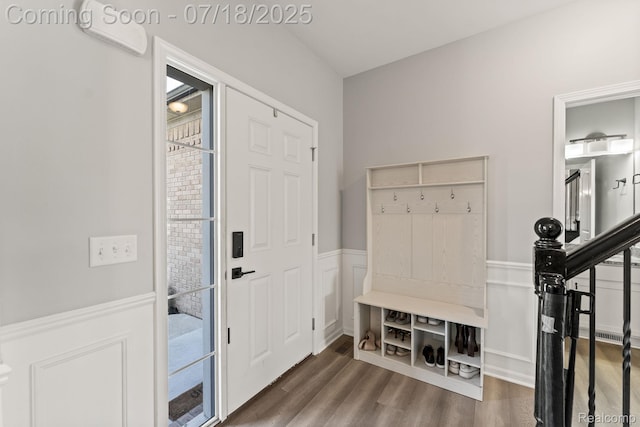 4074 Peach Tree Ln, Howell, MI 48843 - mudroom with wood finished floors and a wainscoted wall