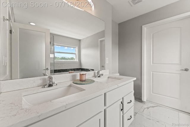 4074 Peach Tree Ln, Howell, MI 48843 - bathroom with marble look tiles and double vanity