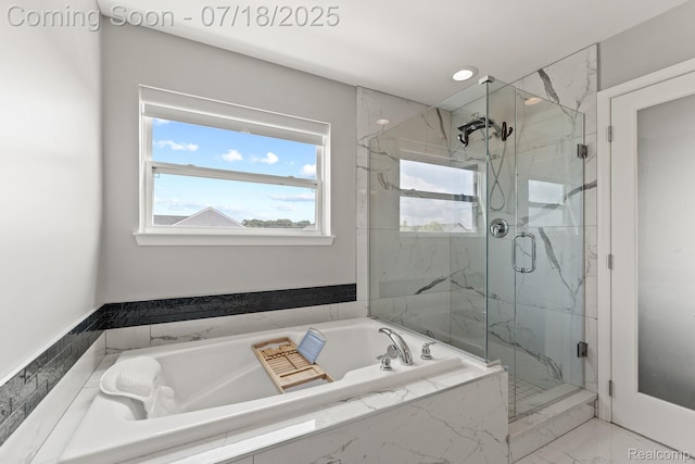 4074 Peach Tree Ln, Howell, MI 48843 - bathroom featuring a marble finish shower, a garden tub, and marble look tiles