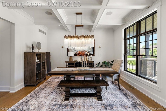 6295 Canter Creek Trl, Grand Blanc, MI 48439 - dining area with wood finished floors, coffered ceiling, and beam ceiling
