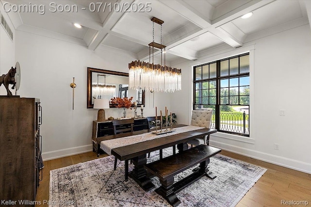 6295 Canter Creek Trl, Grand Blanc, MI 48439 - dining area with coffered ceiling, wood finished floors, beam ceiling, a chandelier, and recessed lighting