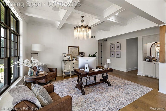 6295 Canter Creek Trl, Grand Blanc, MI 48439 - office featuring beamed ceiling, a chandelier, wood finished floors, and coffered ceiling