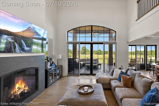 6295 Canter Creek Trl, Grand Blanc, MI 48439 - living room featuring a high ceiling, wood finished floors, and a fireplace