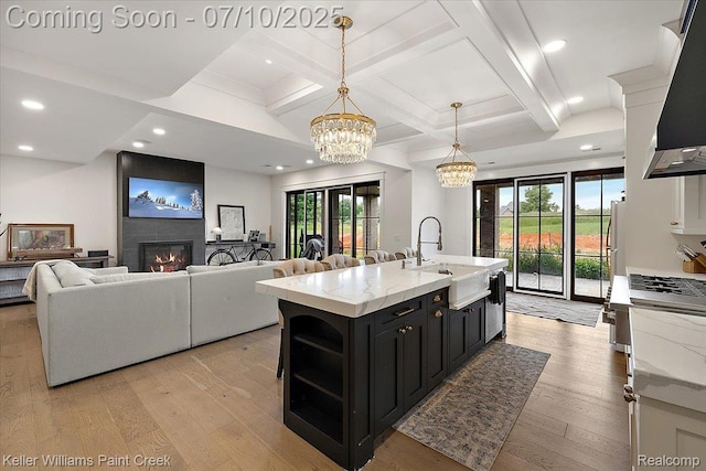 6295 Canter Creek Trl, Grand Blanc, MI 48439 - kitchen with dark cabinets, light wood-style floors, open shelves, dishwasher, and beam ceiling