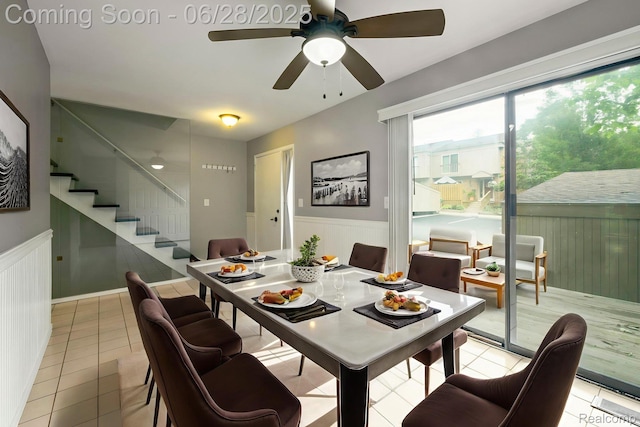 1481 Oakbrook E, Rochester, MI 48307 - tiled dining area with a ceiling fan, wainscoting, stairway, and a decorative wall