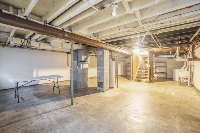 1315 Sutherland Ave, Kalamazoo, MI 49006 - unfinished basement with gas water heater, stairway, and heating unit