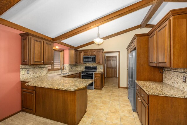 2360 Montclair Ave NW, Walker, MI 49544 - kitchen with stainless steel appliances, tasteful backsplash, a peninsula, light stone counters, and hanging light fixtures
